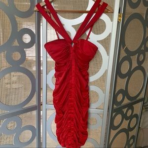 BEBE Red Sexy Ruched Satin Dress XS